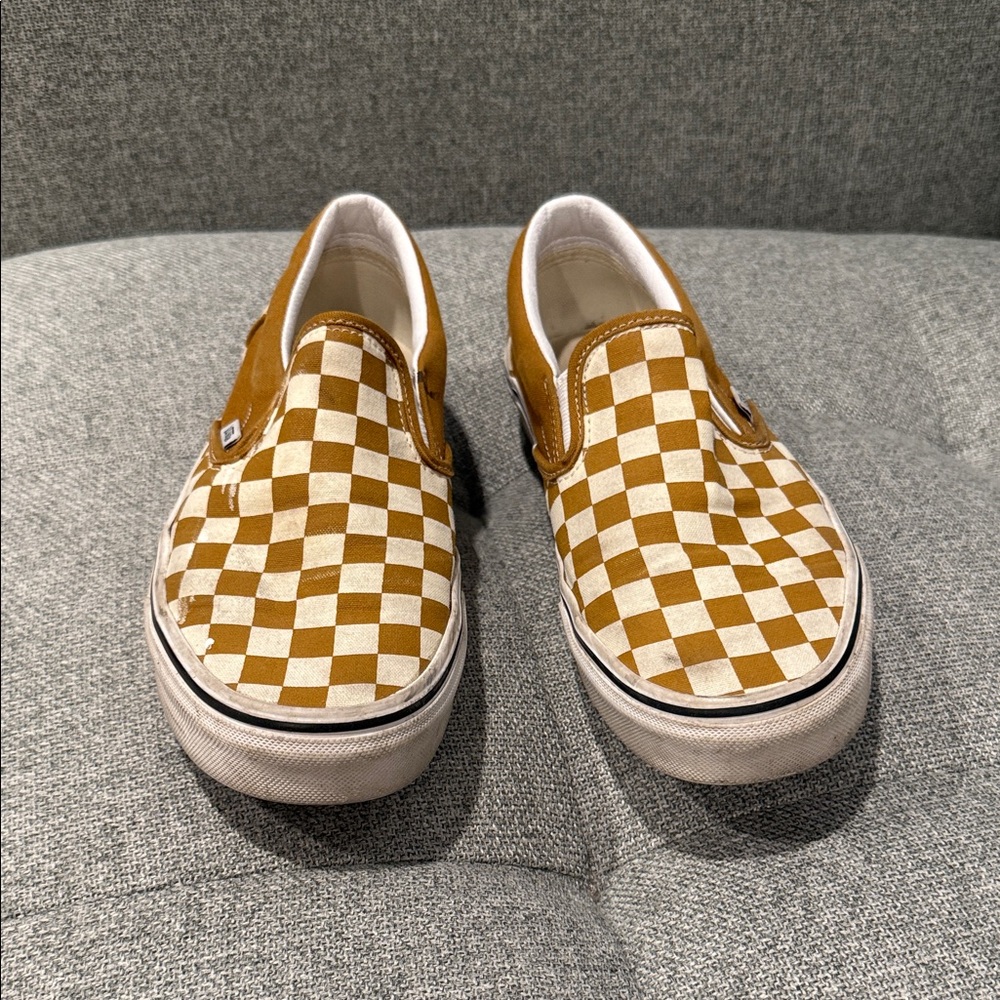 Vans Mustard and Cream Checkered Slip-Ons